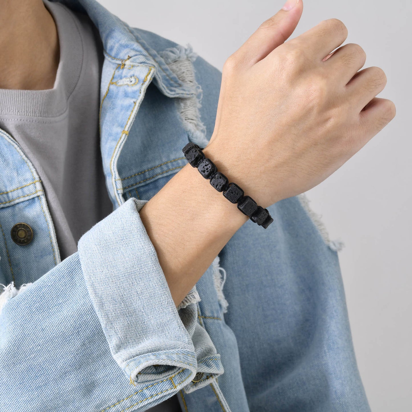 Men's Black Bracelet Adjustable Square Volcanic Stone Jewelry