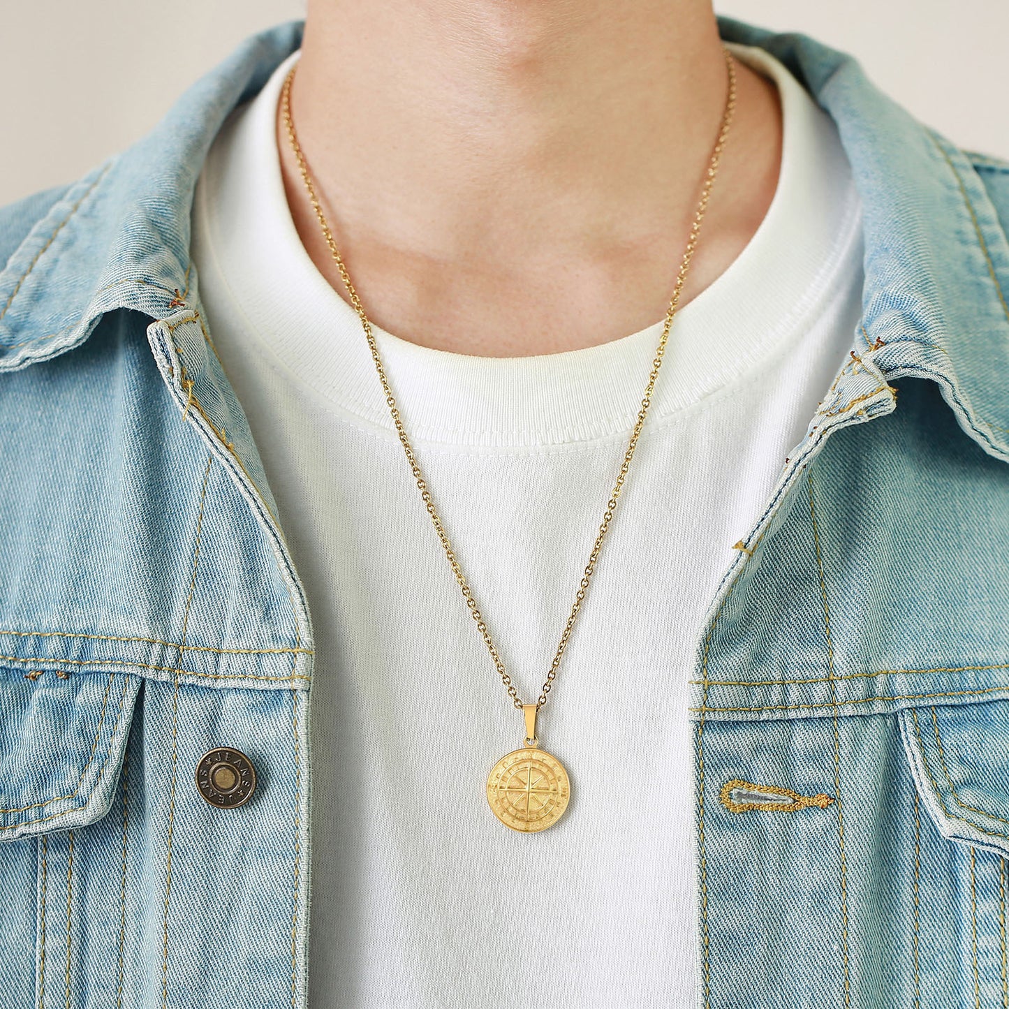 Stainless Steel Compass Pendant Gold Coin Compass Necklace