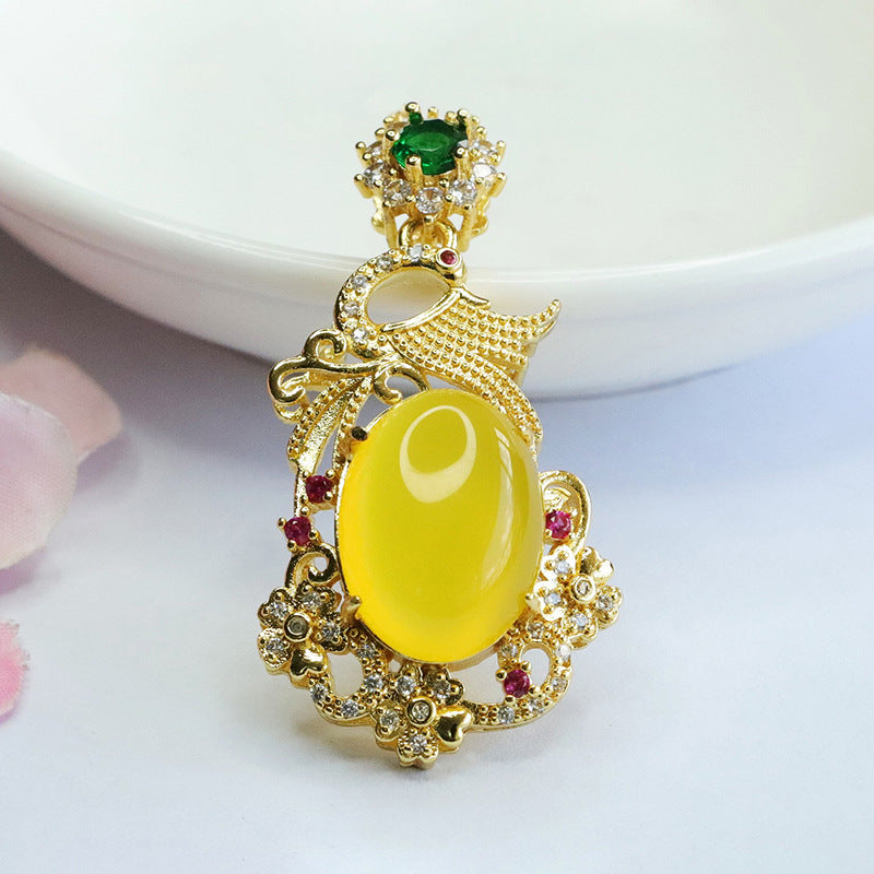 Yellow Phoenix Zircon Pendant Necklace with Chalcedony Egg