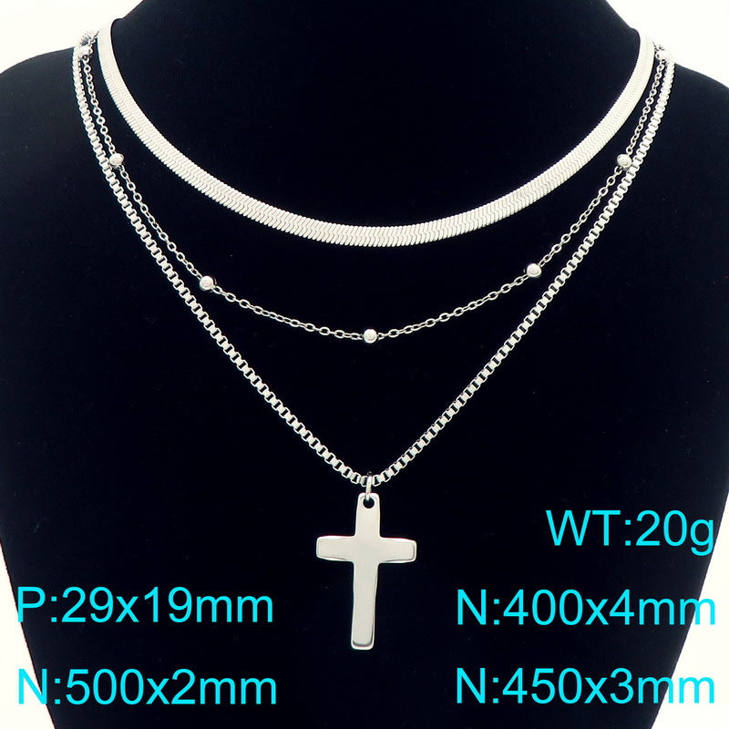 Flat Snake Chain Multi-Layer Chain Necklace, Retro Stainless Steel Box Chain Cross Pendant