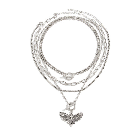 Skeleton Moth Punk Layered Chain Necklace