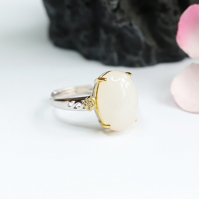 White Jade Ring with Oval Natural Hotan Jade Stone in Sterling Silver