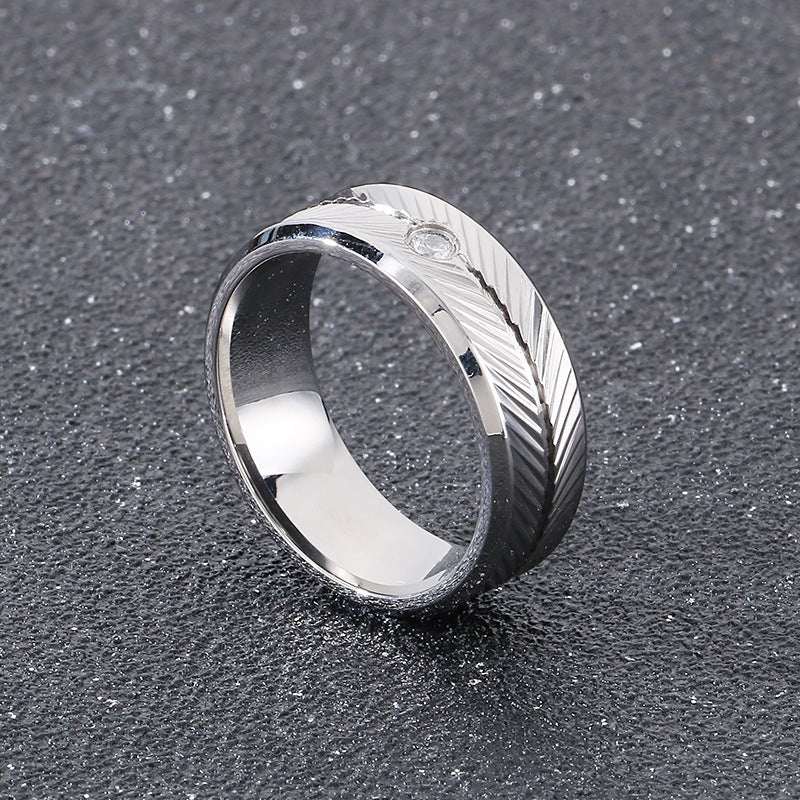 Ring Vacuum Plated Zircon Feather Round Stainless Steel Men's Ring