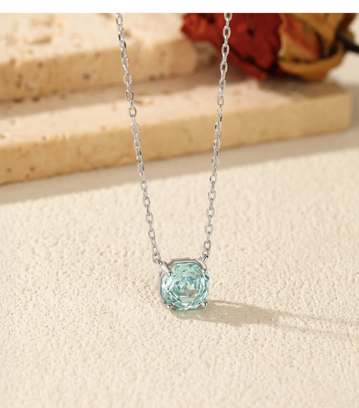 925 Sterling Silver Sea Blue Rose-Cut Zircon Necklace