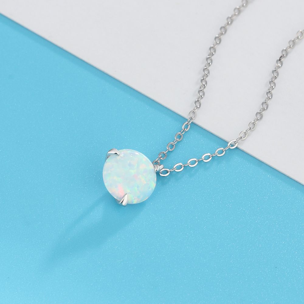 Planderful Jewelry Elegant Round White Opal Sterling Silver Pendant Necklace for Women