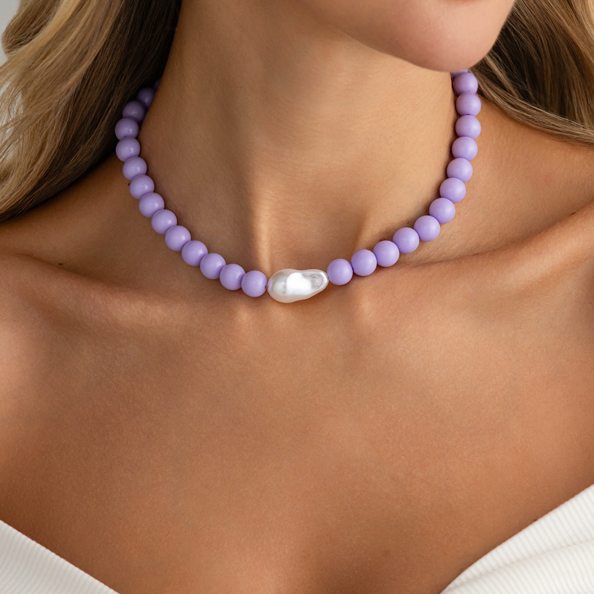Colored Round Beads Pearl Necklace Dopamine Beaded Holiday Wind Necklace