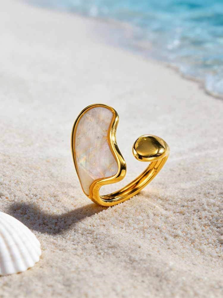 Hot-Selling Special-Shaped White Shell Stainless Steel Ring Design Leaf Opening