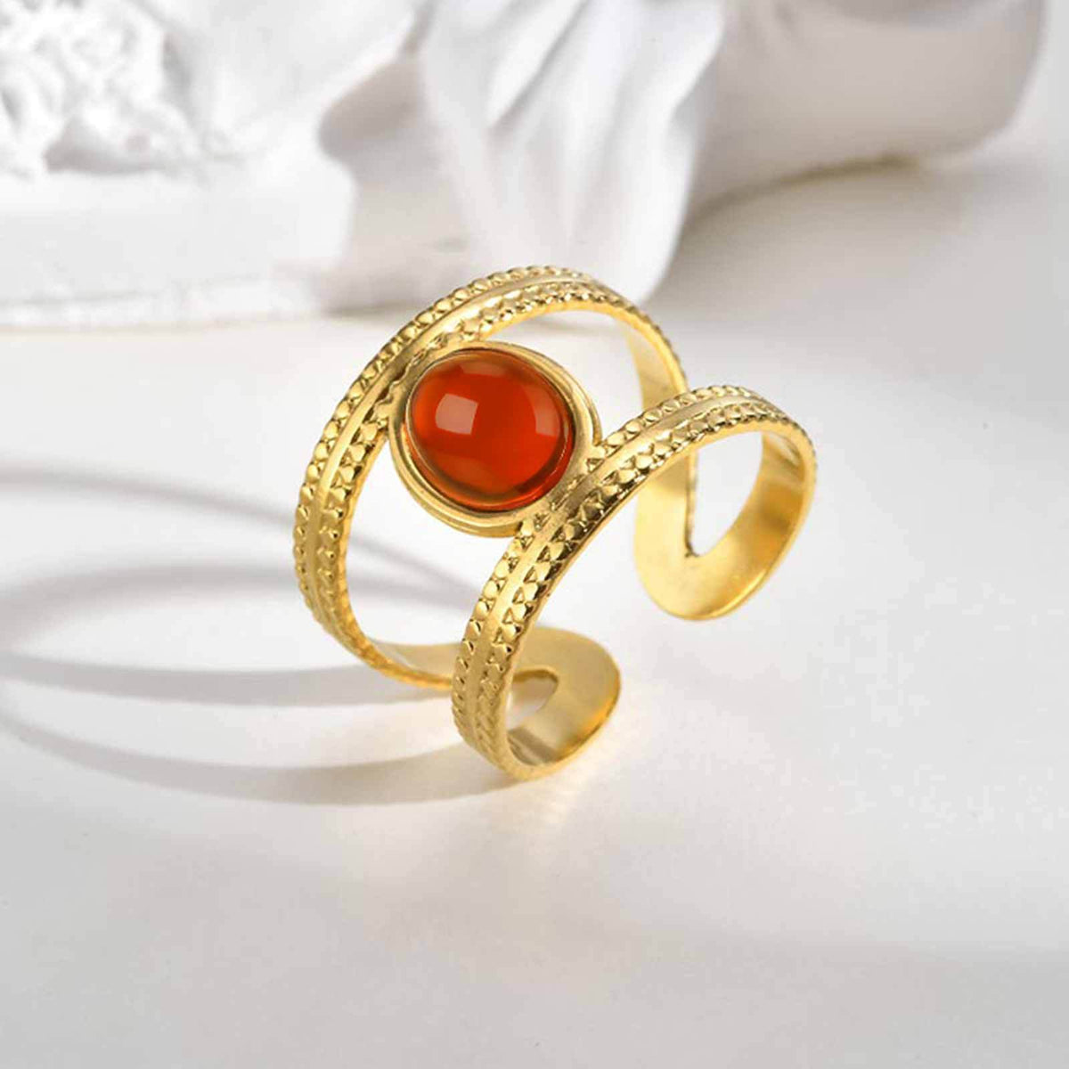 Stainless Steel French Color Amber Stone Double Open Ring