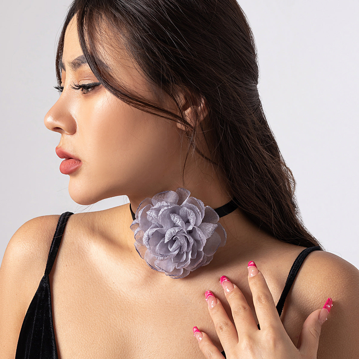 Exquisite Handmade Mesh Flower Choker Necklace with Custom Ribbon Closure, Large Blossom, High-Quality Imported Jewelry