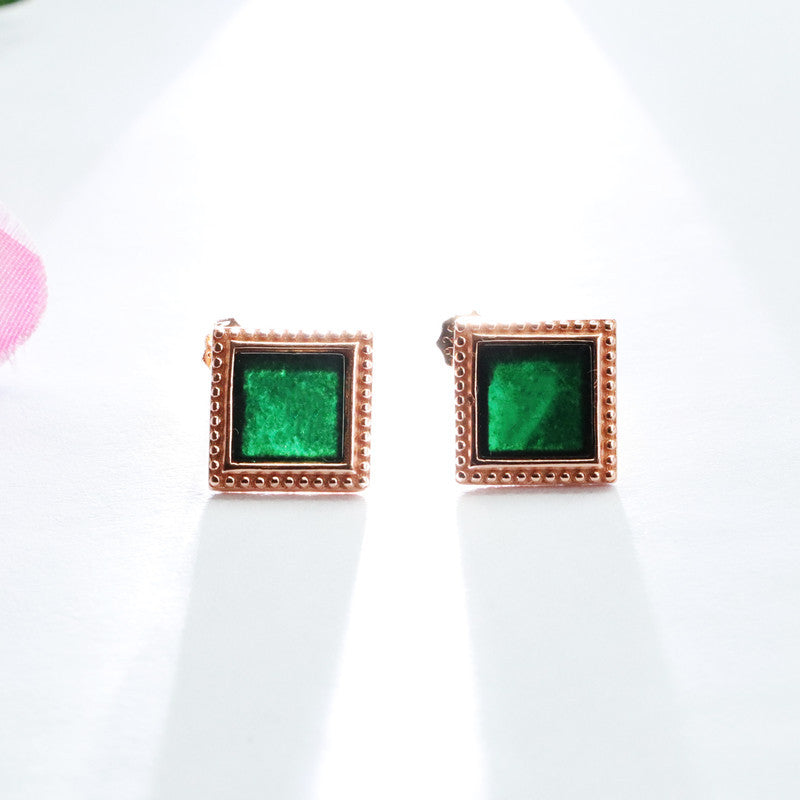 Dark Jadeite Square Rose-Gold-Tone Stud Earrings