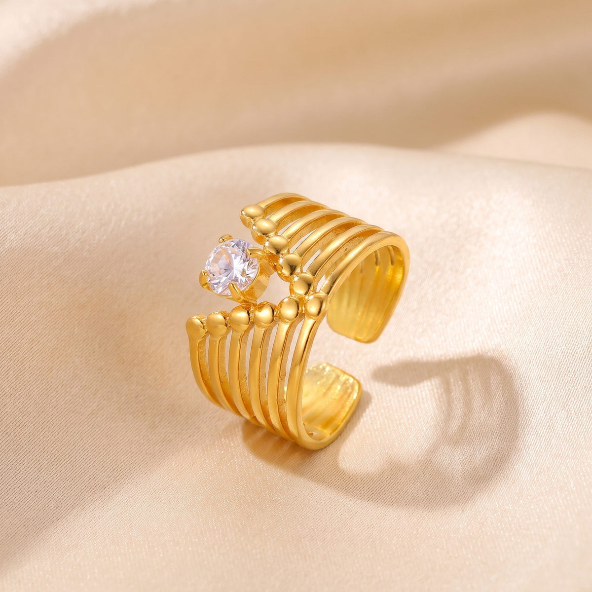 Ladies Gold Stainless Steel V-Shaped White Zirconium Open Ring Rhombus