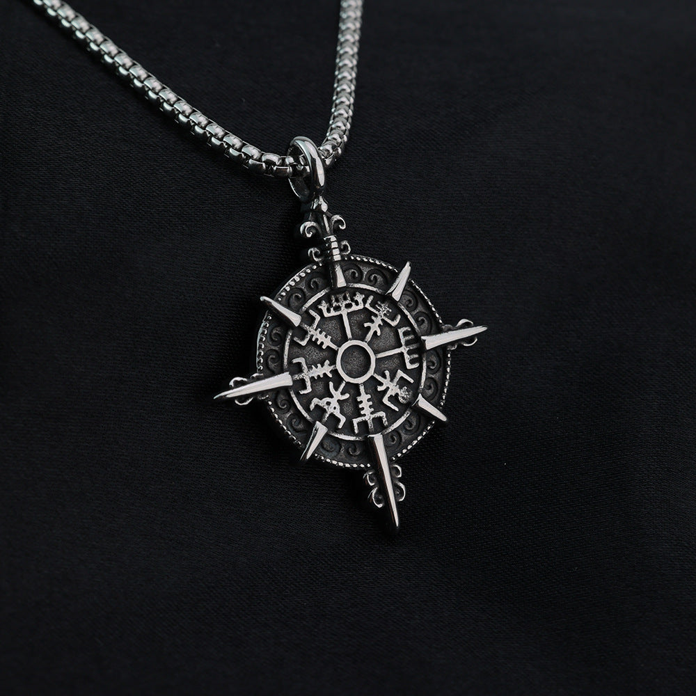 Vintage Nordic Men's Stainless Steel Viking Compass Pendant