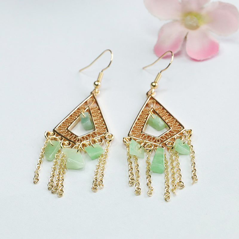 Geometric Irregular Tassel Sterling Silver Jade Earrings