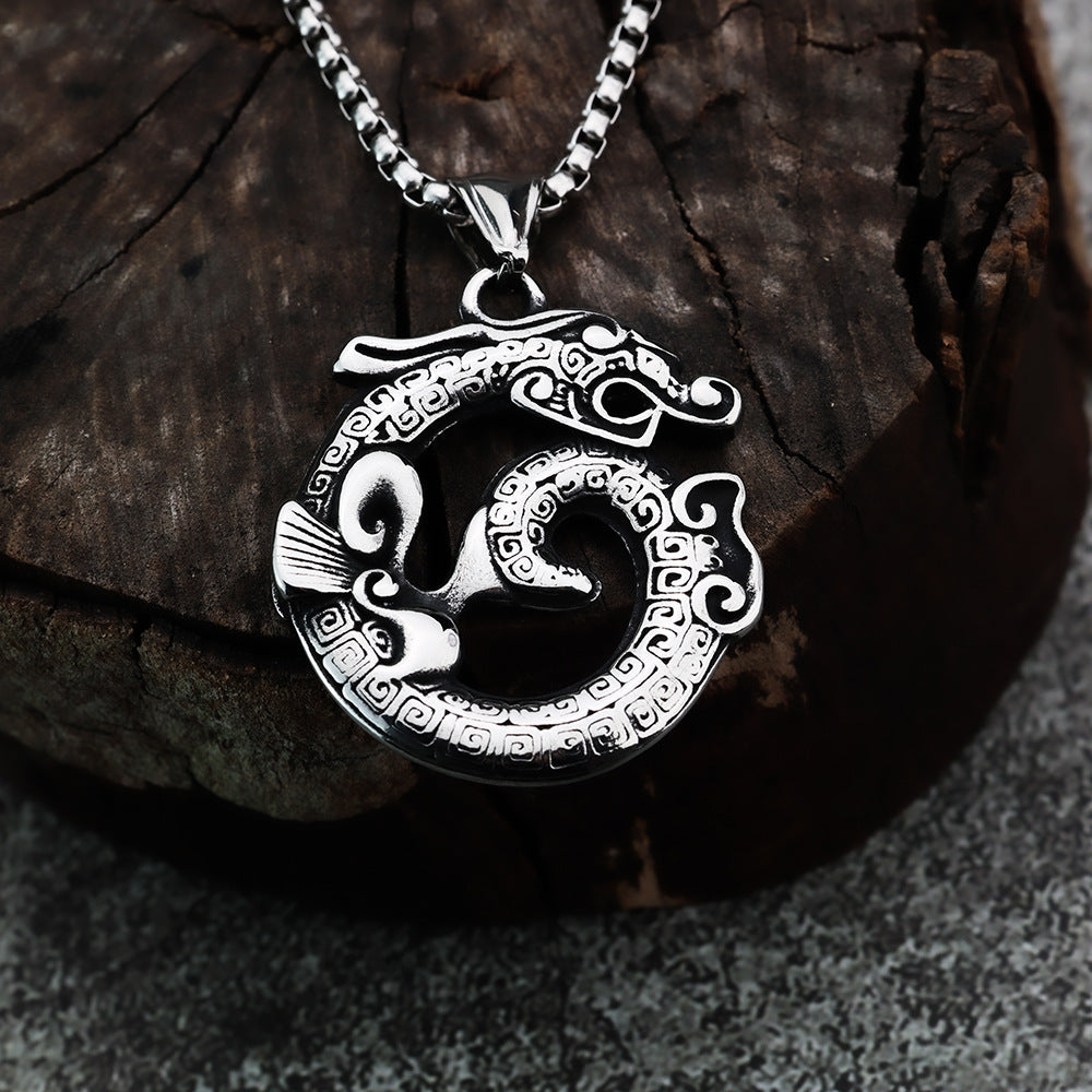 Planderful Dragon Pendant Necklace For Men Titanium Steel Ethnic Retro Style Bold Statement Jewelry