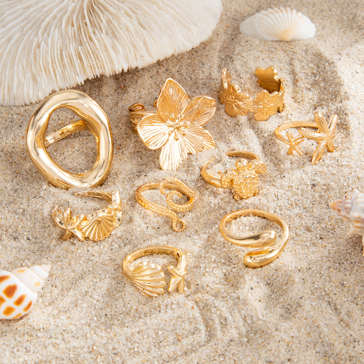 Sea Turtle Open Ring Set With Geometric Starfish Accents By Planderful Vienna Verve For Ocean Lovers