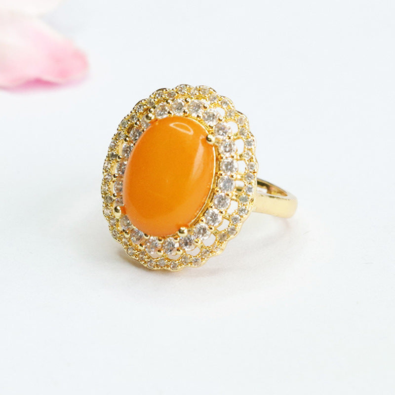 Amber Beeswax Sterling Silver Ring with Zircon Halo Lace