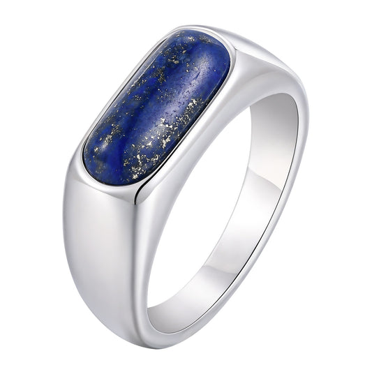 Titanium Steel – Men's Ring – Stainless Steel All-Light Oval Egg Surface Lapis Lazuli Ring