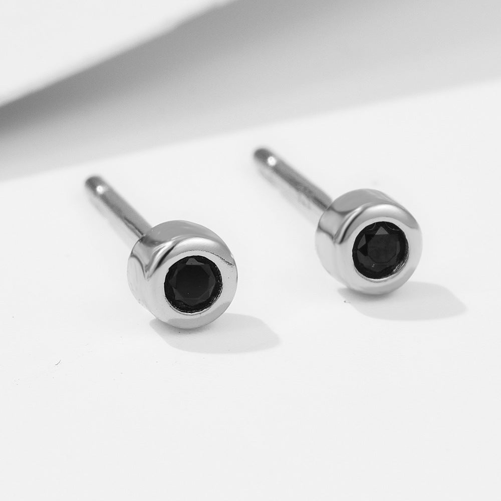 S925 Sterling Silver Simple Round Black Nano Zircon Stud Earrings