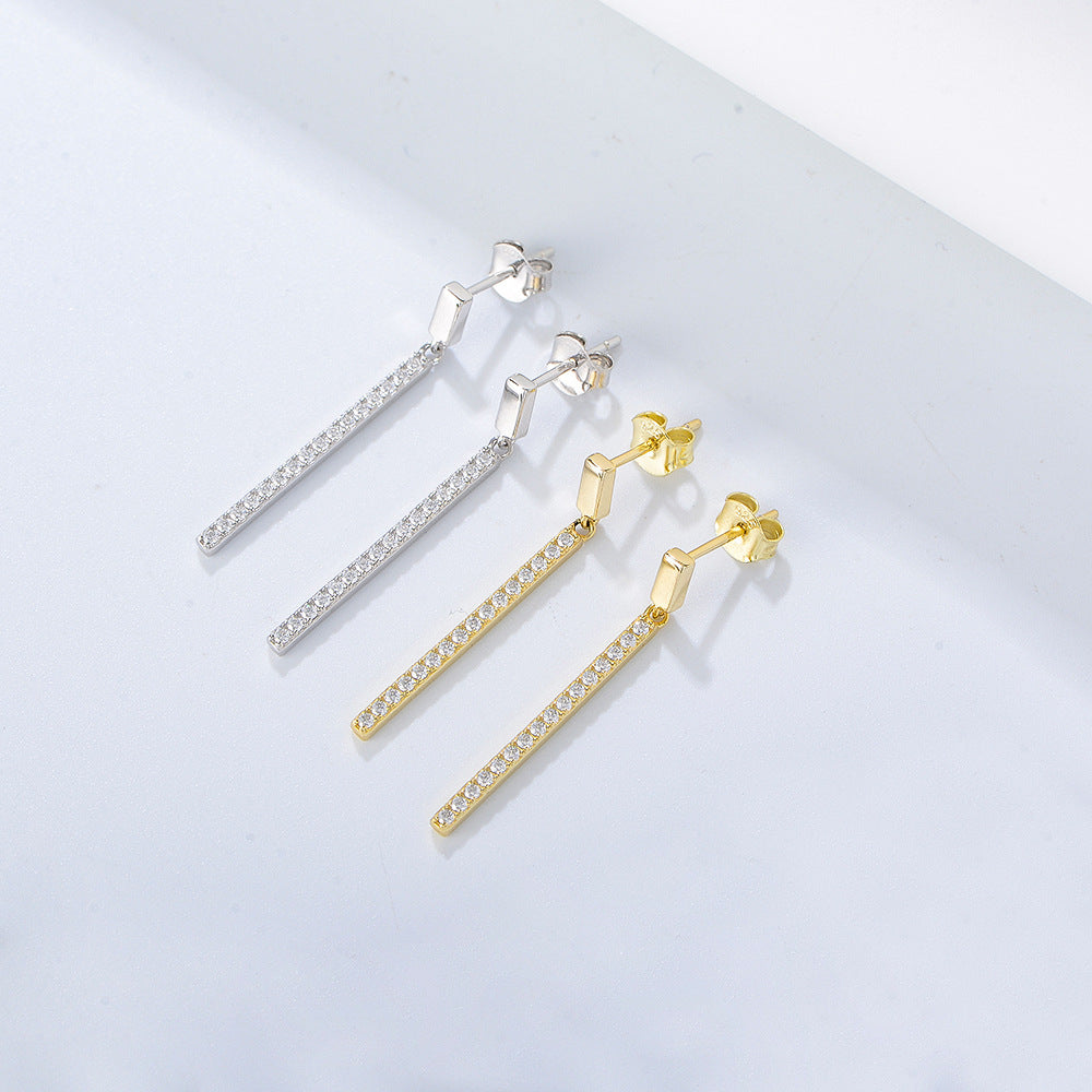 S925 Sterling Silver Geometric Rectangle Single-Row Zircon Long Fringed Earrings Stud Earrings