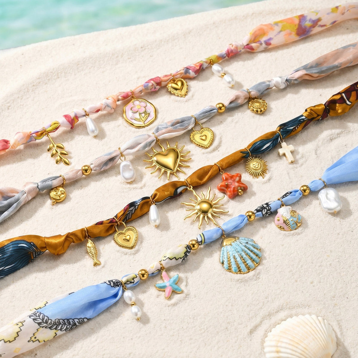 European – American Bohemian Stainless Steel Imitation Pearl Sunflower Printing Silk Necklace