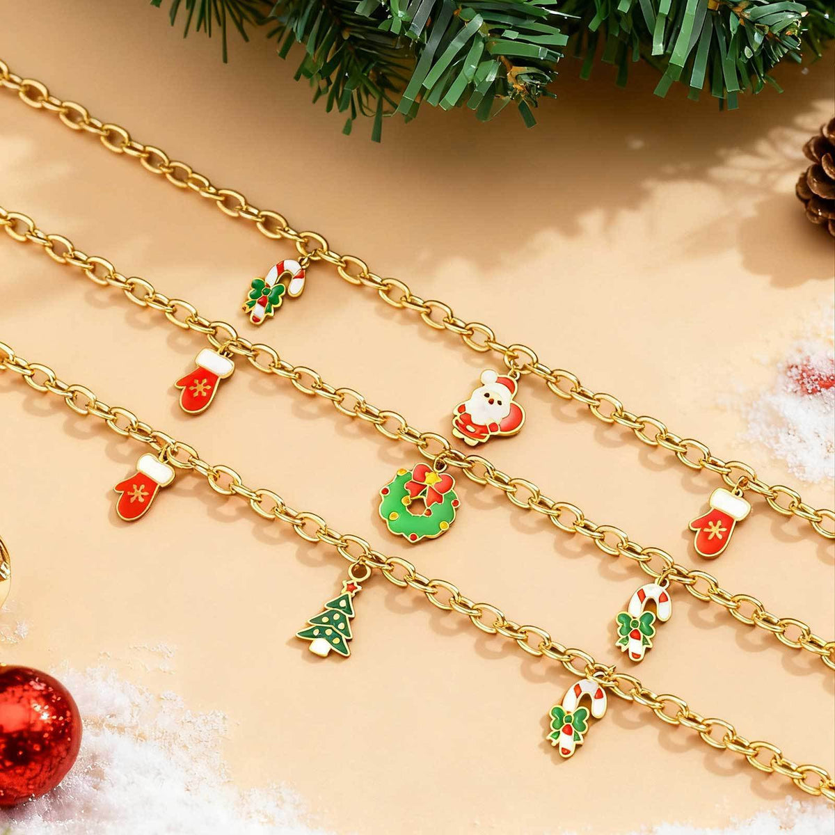 Stainless Steel Necklace Female Christmas Tree Santa Bells Socks Star Bracelet Holiday