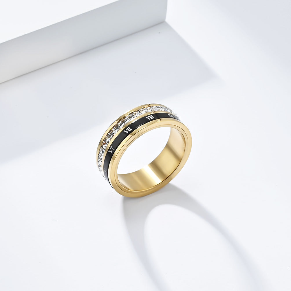 Light Luxury Full Square Zircon Roman Numerals Titanium Steel Ring