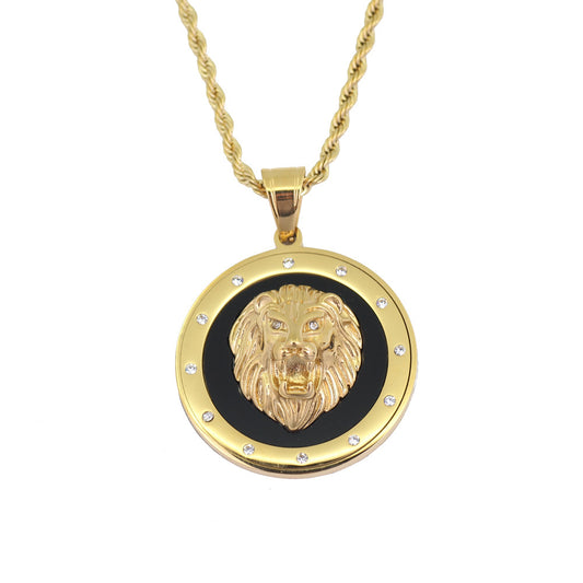 Planderful Lion Head Necklace Zircon Gold Plated Stainless Steel Unisex Hip Hop Style Statement Pendant