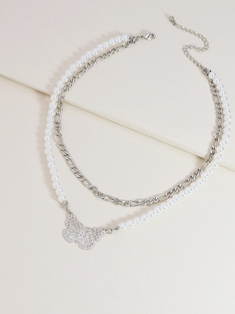 Exaggerated Butterfly Pearl Layered Necklace - Vienna Verve Collection