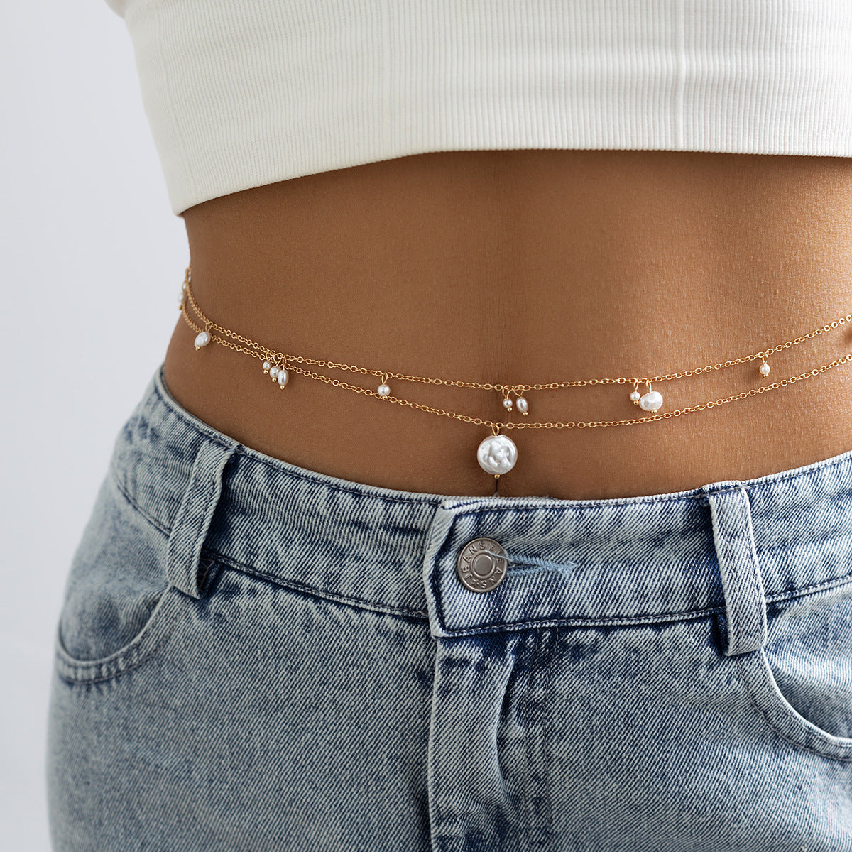 Beach Minimalist Style Imitation Pearl Corn Grain Waist Decoration and Summer Tassel Body Chain