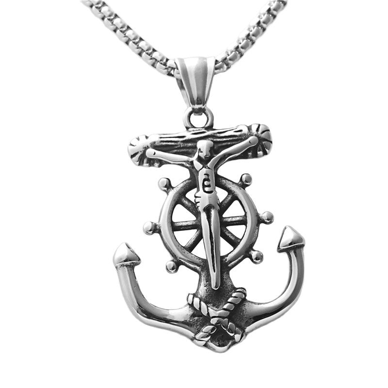 Personalized Punk Titanium Steel Ship Anchor Pendant Necklace for Men - Retro Trendy Rudder Design