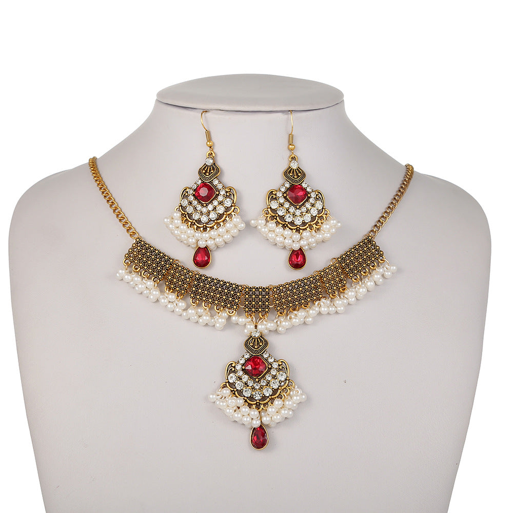 Tassel Gem Pearl Necklace and Earrings Set - Savanna Rhythms
