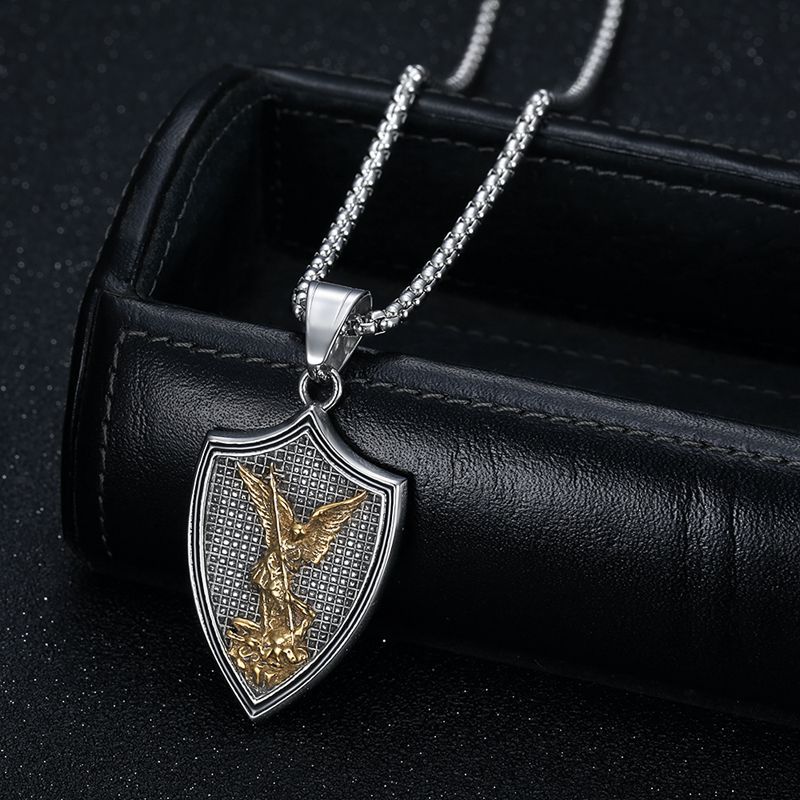 Steel Necklace - Vintage Saint Michael Shield Pendant