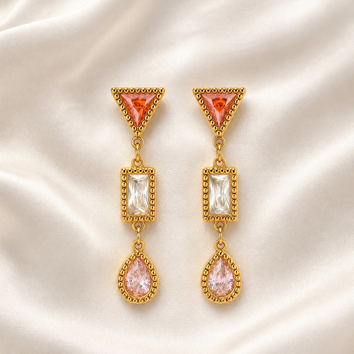 Multicolor Crystal Geometric Drop Earrings — Gold Pair