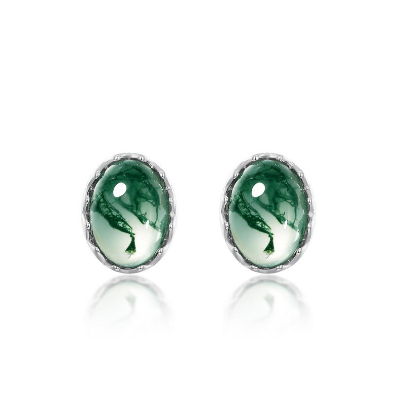 S925 Sterling Silver Moss Agate Minimalist Stud Earrings