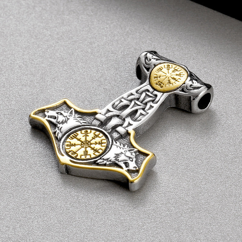 Viking-Inspired Stainless Steel Double Wolf Pendant with Thor's Hammer Compass Rune for Men