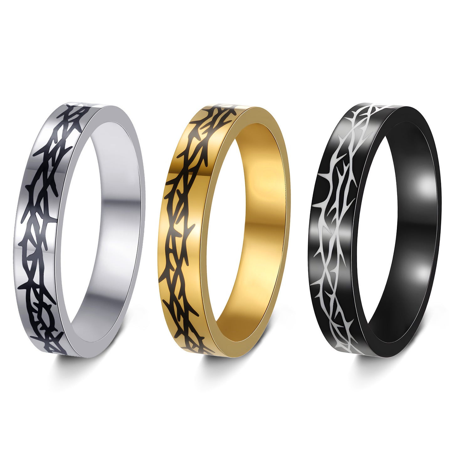 Planderful Stainless Steel Ring Laser Engraved Thorn Design Unisex Everyday Jewelry for Men and Women