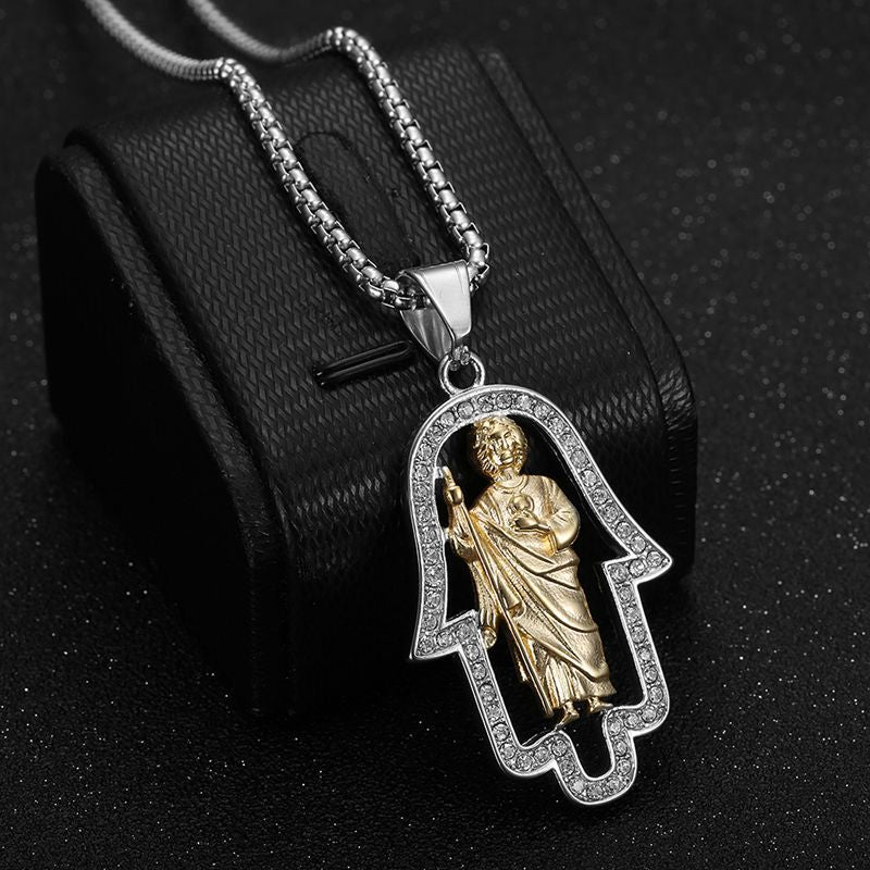 Planderful Hip Hop Pendant Necklace Stainless Steel Gold Plated Zircon Fatima Hand St Jude Urban Jewelry Lovers Must Have