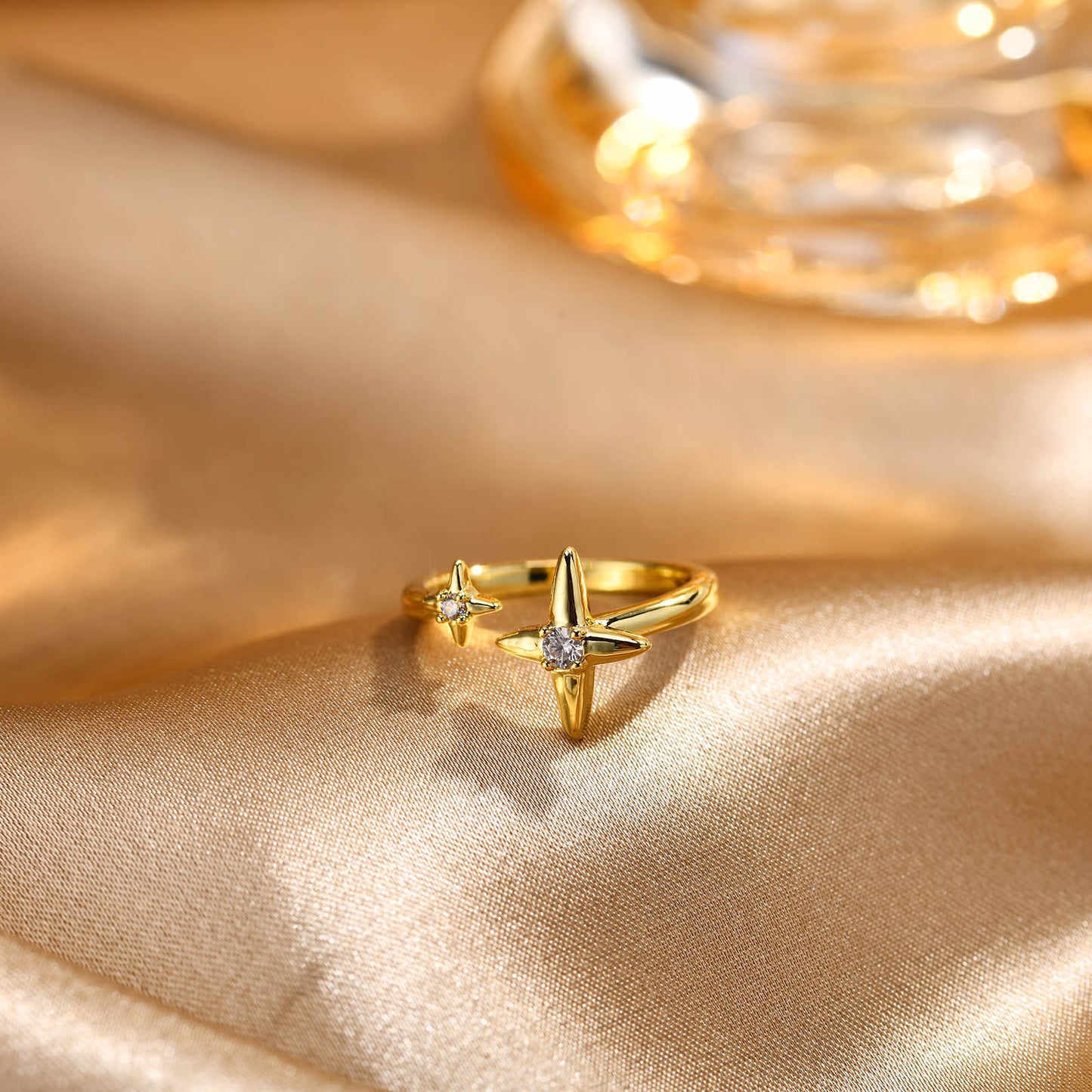 Ladies Gold Copper Zircon Quadrangram Water Drop Leaf Open Ring Jewelry