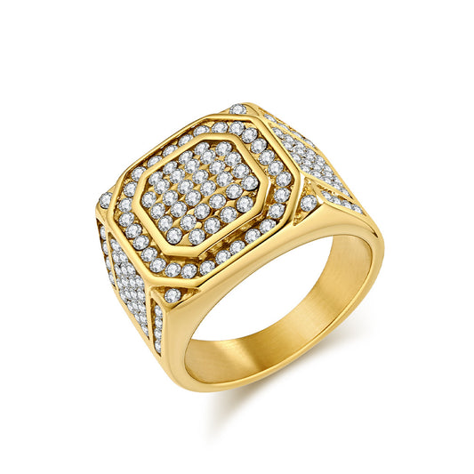 Planderful Hip Hop Ring For Men Titanium Steel Gold Plated Zircon Inlay Jewelry Premium