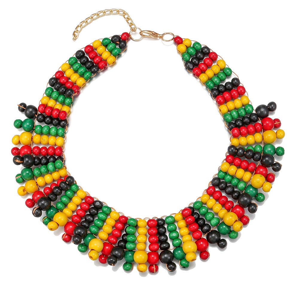 Handcrafted Multi-layer Wooden Bead Necklace with African-inspired Woven Design