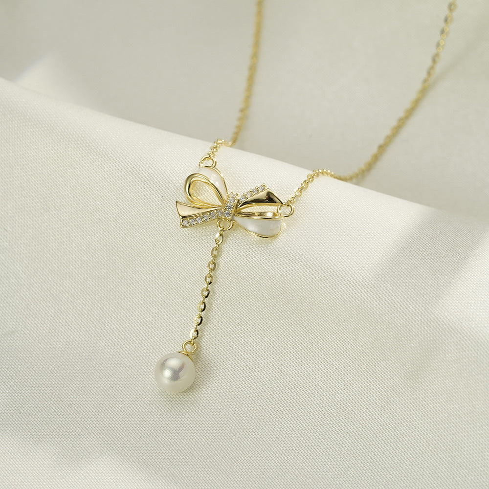 Korean INS Style 925 Silver Bow Pearl Tassel Necklace Women's Wholesale