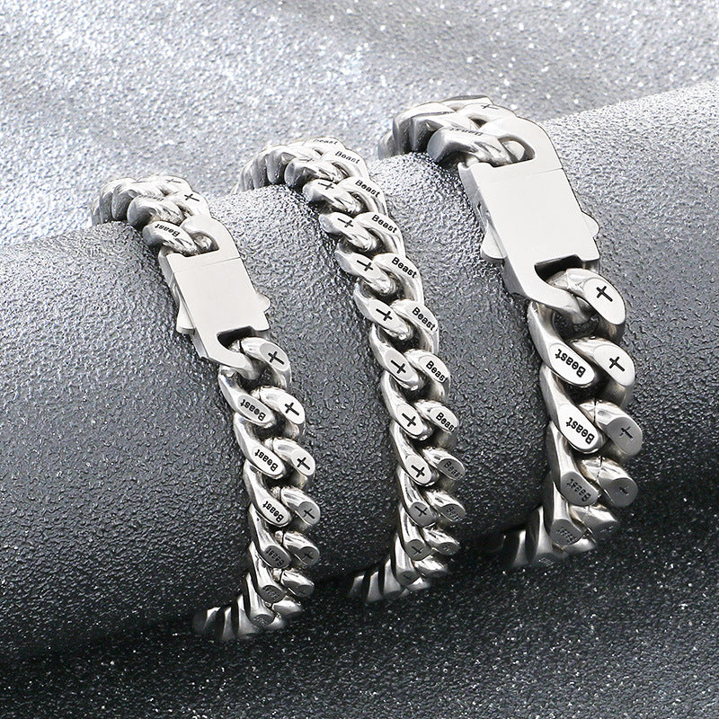Niche Hip Hop Cross Beast Bracelet – Stainless Steel Engraved La Sand Cuban Chain Men's