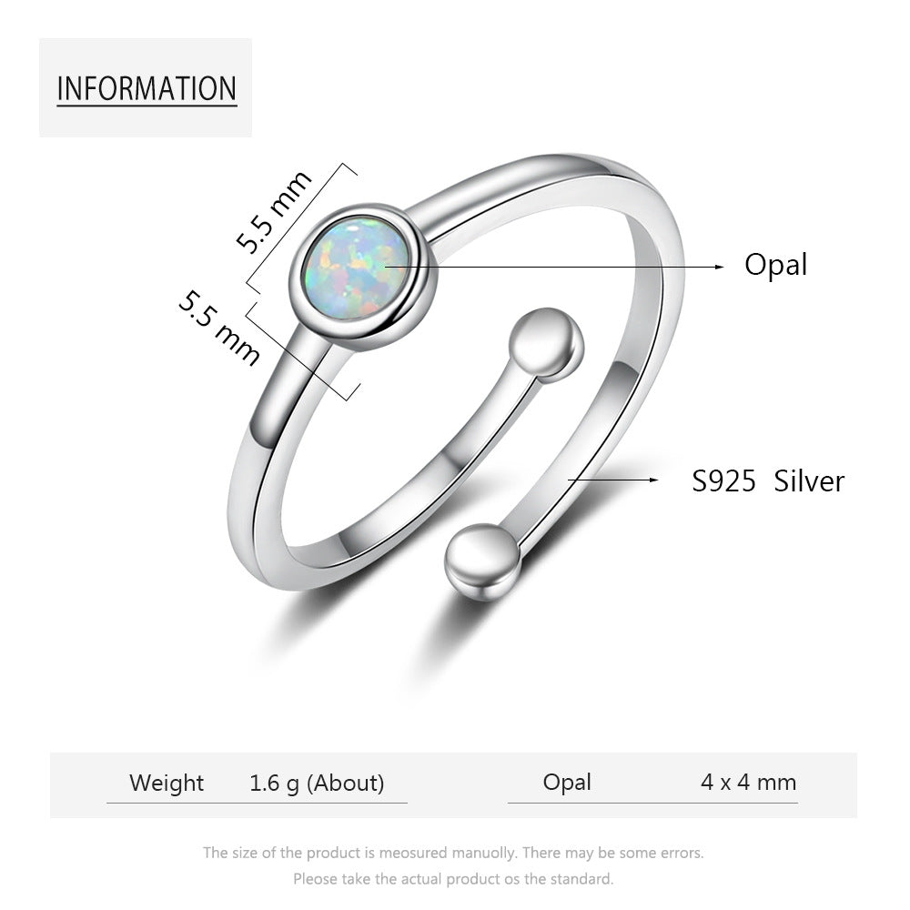 Planderful Jewelry Opal Open Ring in S925 Sterling Silver White Round Opal Adjustable