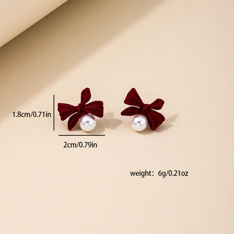 Romantic Vintage Red Velvet Bow Earrings with Pearl Accents