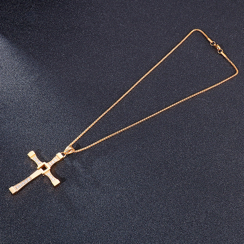 Mens Stainless Steel Hollow Cross Pendant with Zircon Detail