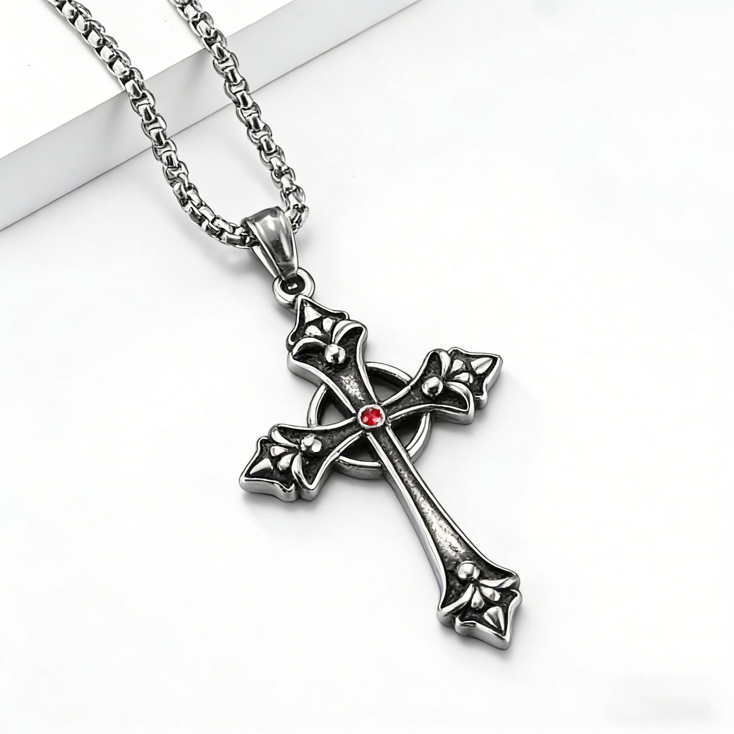 Planderful Titanium Steel Cross Pendant Necklace With Zircon Inlay For Unisex Gothic Style And Everyday Wear