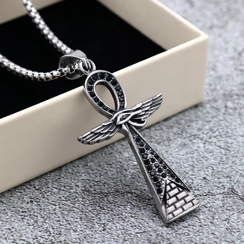 Vintage Cross Egyptian Stainless Steel Pendant Necklace