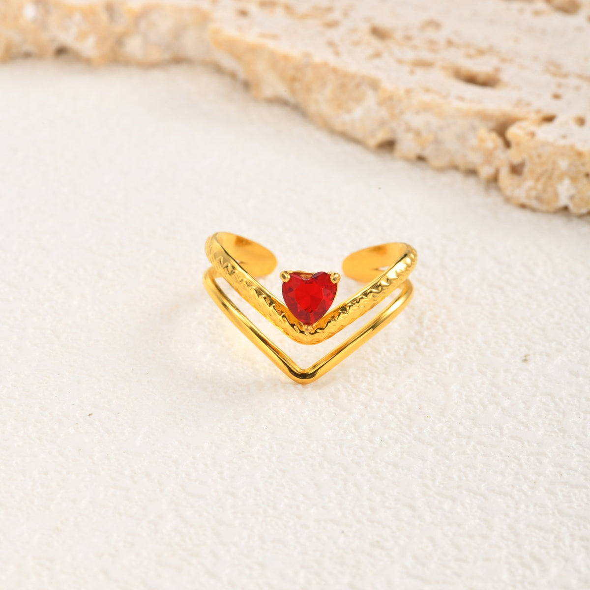 Stainless Steel V-Shaped Heart-Shaped Red Zirconium Open Ring