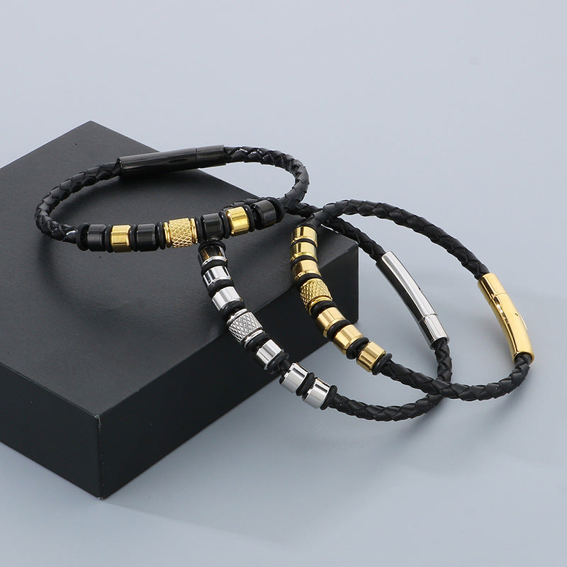 Business Style Men's Leather Rope Bracelet – Stainless Steel Bead Layered Woven Leather