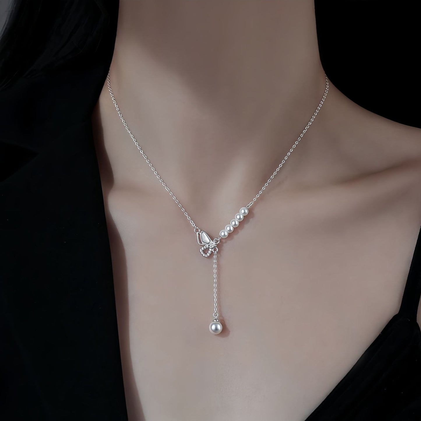 Planderful Sterling Silver Butterfly Tassel Necklace For Women Light Luxury Collarbone Chain